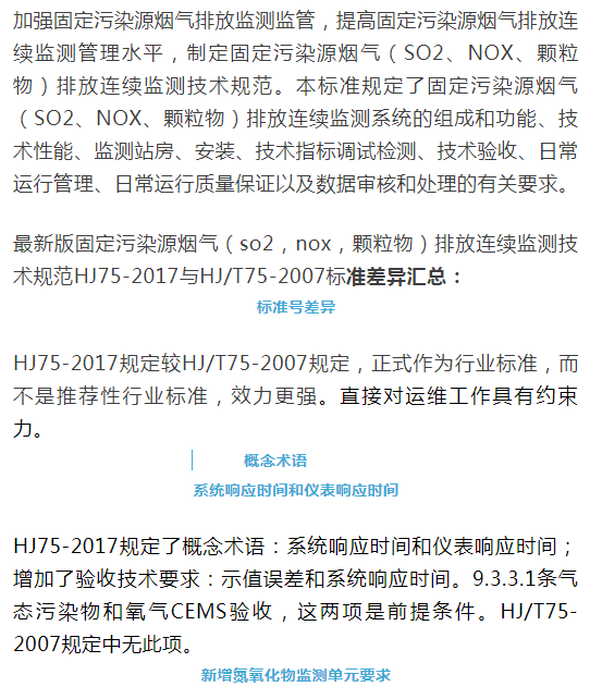 煙氣（so2，nox，顆粒物）排放連續(xù)監(jiān)測技術(shù)規(guī)范 HJ75-2017與HJ/T75-2007標(biāo)準(zhǔn)究竟有何不同